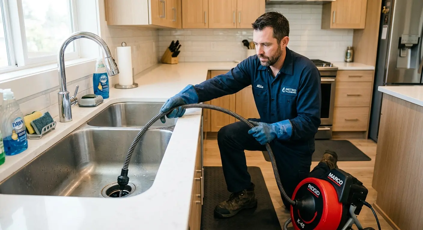 Drain cleaning technician using a motorized snake on a kitchen sink in Lynwood