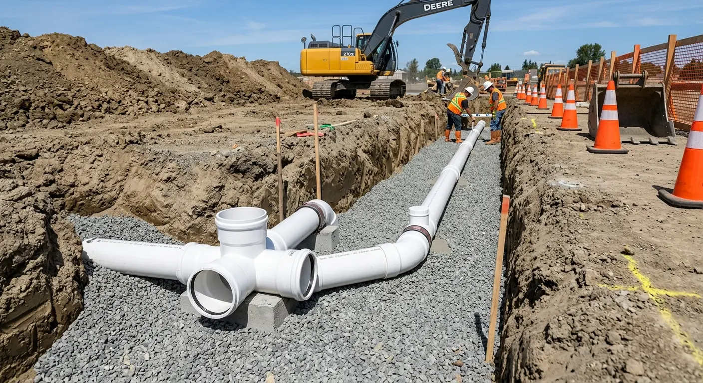 New PVC sewer pipe installation in open trench for Sewer Camera Inspection in Lynwood