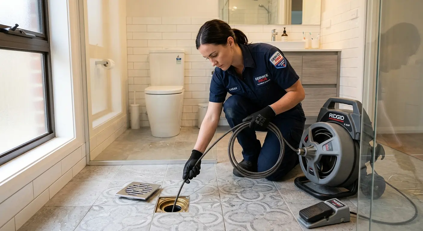 Technician clearing a bathroom floor drain for Drain Repair in Lynwood
